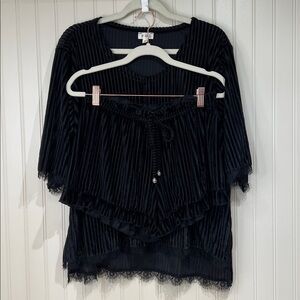 POL Black High Low Velvety Lace Ruffle Top Short Lounge set NWOT